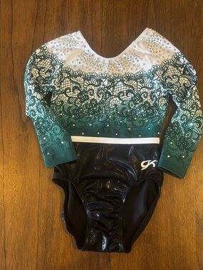 GK Elite Leotard Girls CM Green Lace Rhinestone Gymnastics Long Sleeve